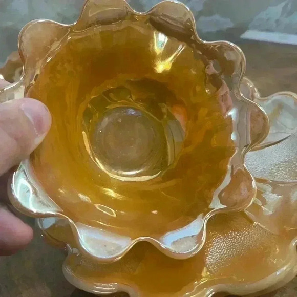 Vintage TWO (2) MCM Fire King Peach Lustre Lotus Flower Bowl And Underplate Set - Picture 7 of 8